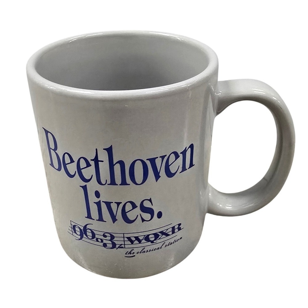Vintage 96.3 WQXR Radio Beethoven Lives Classical Music Coffee Mug White Blue